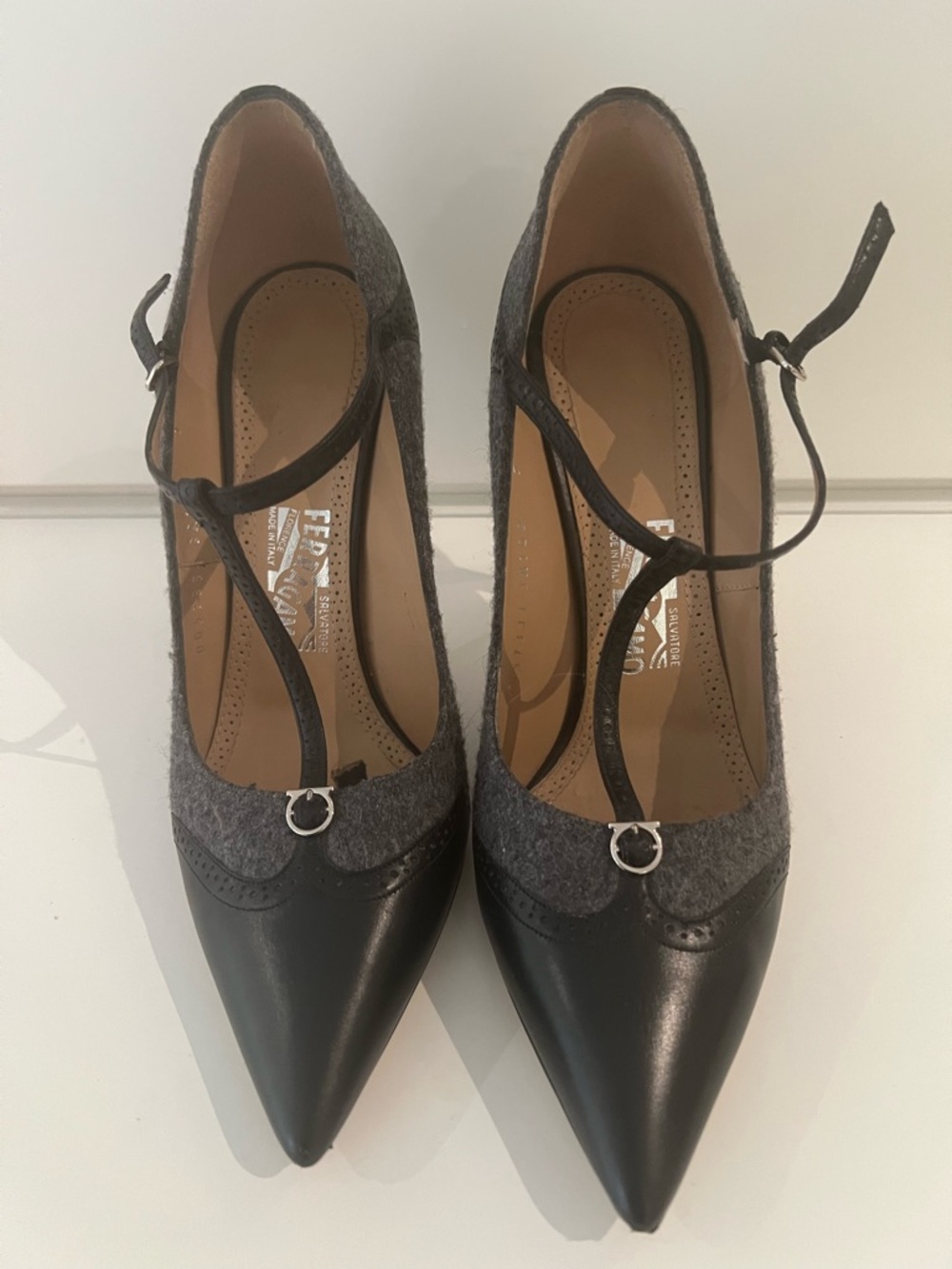 Salvatore Ferragamo Gray and Black Pointed Toe Ankle-Strap Pumps - Picture 1 of 6